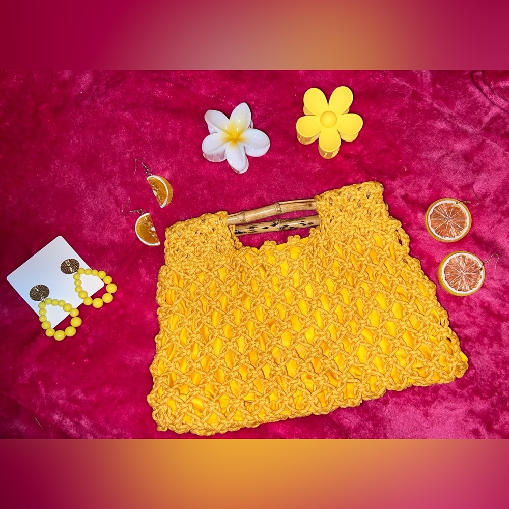 Women’s yellow crochet handbag and accessories